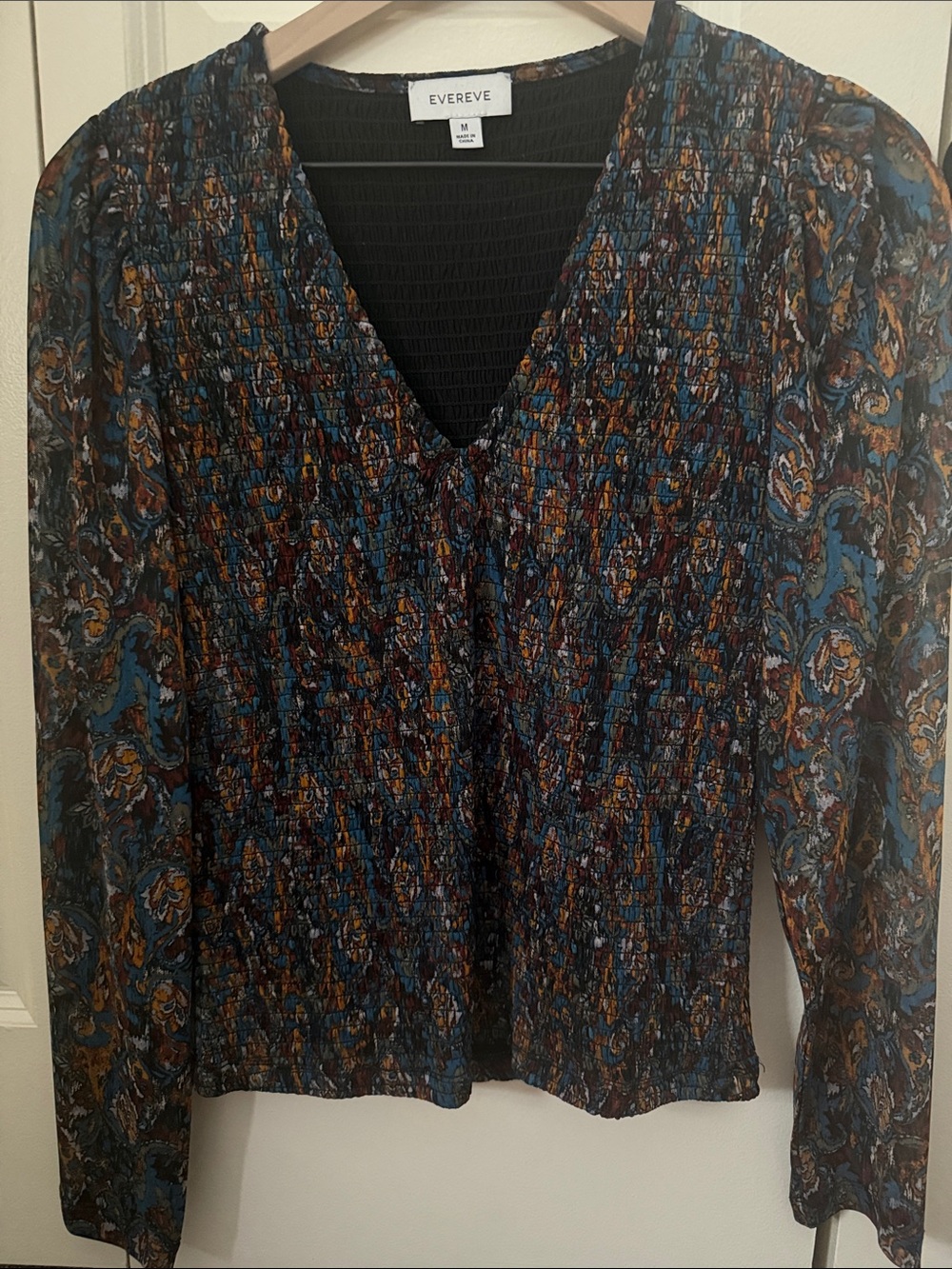 Evereve Kate Smocked paisley Mesh Sleeve Top Size Medium